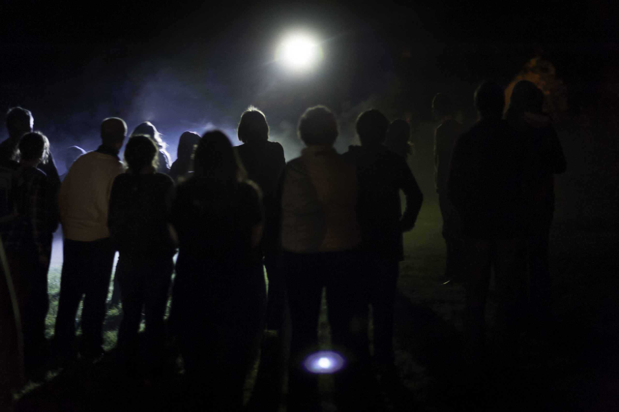 Silhouette of audience at night, watching a glowing light in the sky above them.