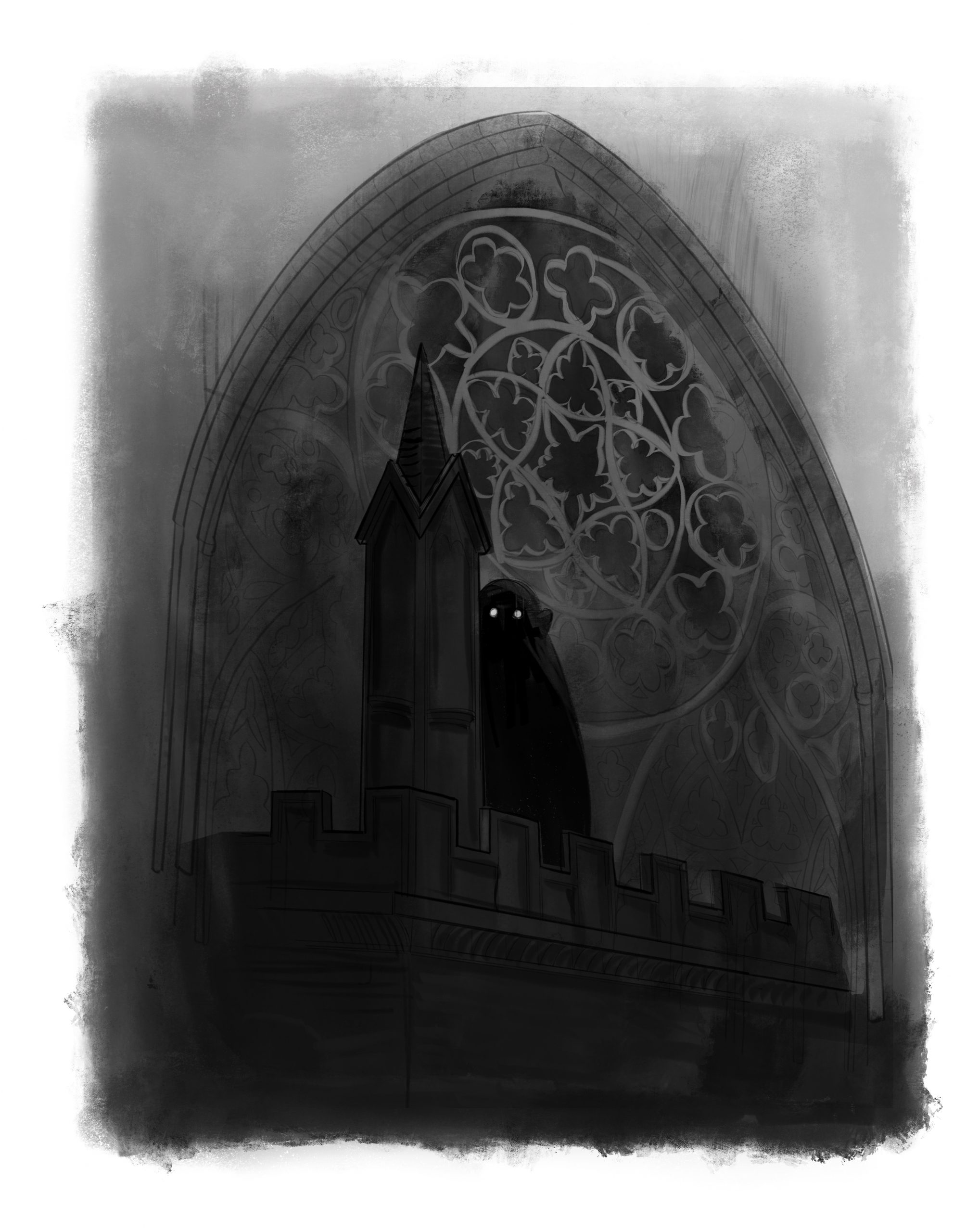 Black and white illustration of an ornate window on Exeter Cathedral. Barely visible is a figure in the darkness, their round eyes reflecting the moonlight.