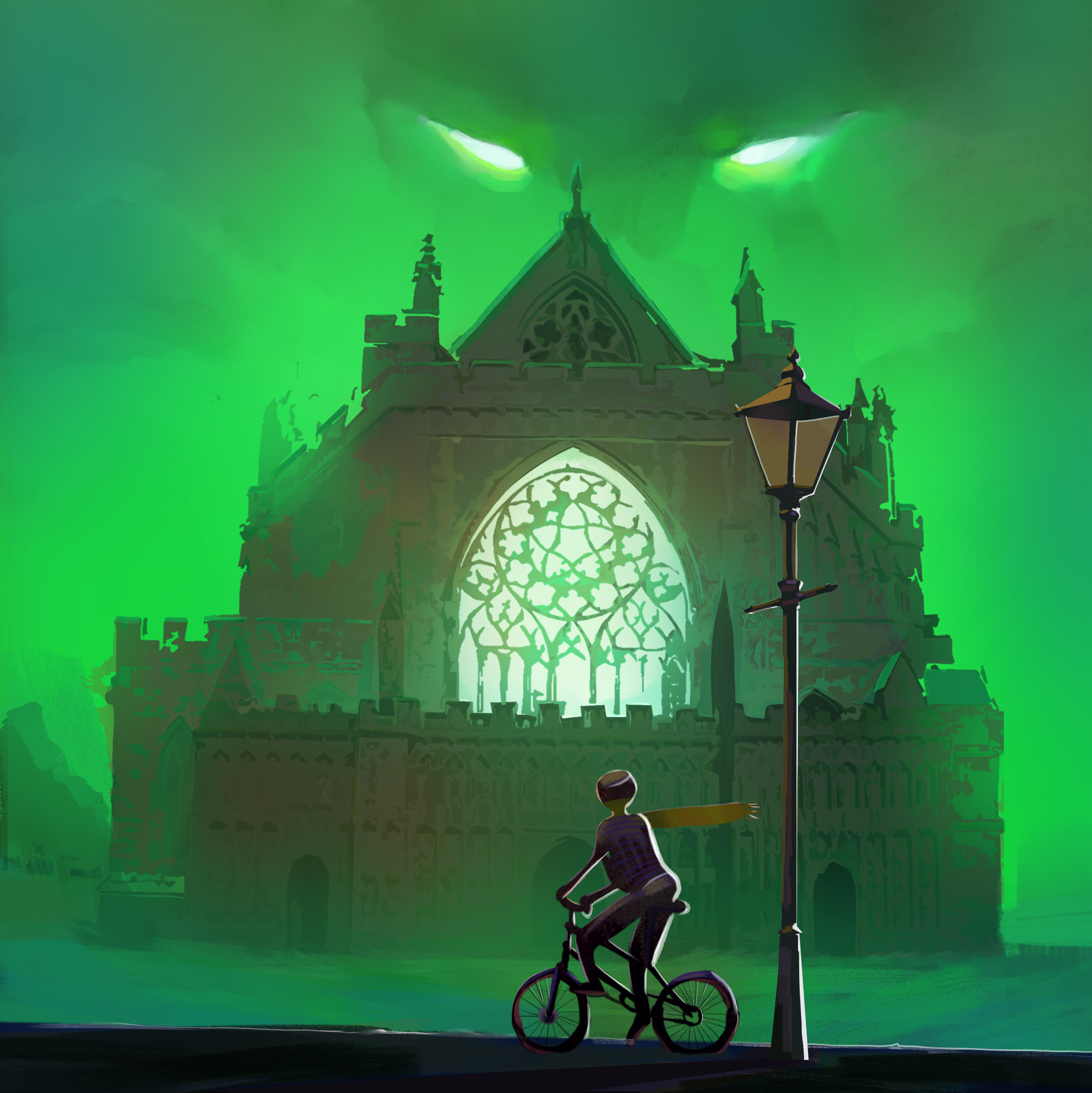 These Three Worlds promo image - Green illustration of a child on their bicycle, looking up at Exeter Cathedral, watched over by a pair of evil eyes.
